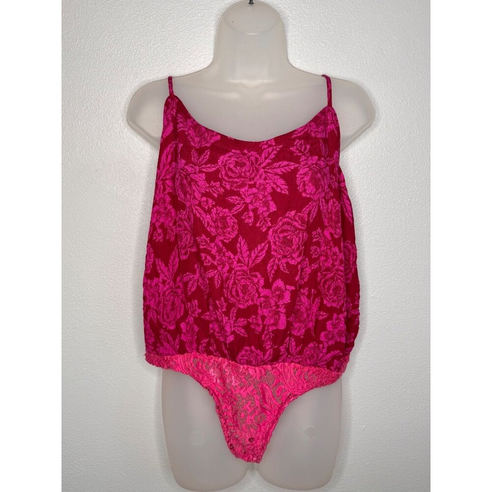 NWT Billabong Fuchsia Floral Print Spaghetti Strap Bodysuit Size L